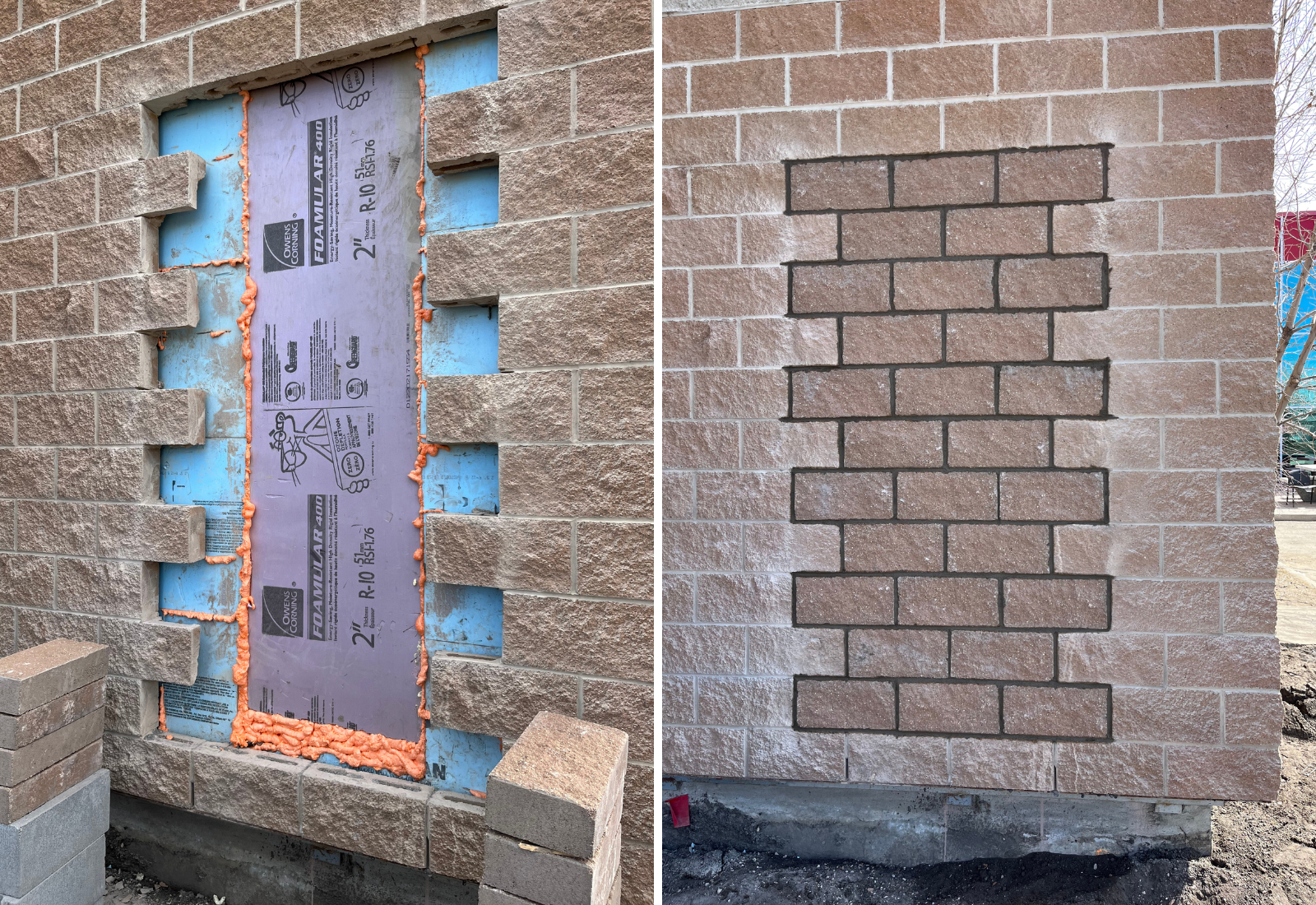 Before and after of a block wall window with brick infill