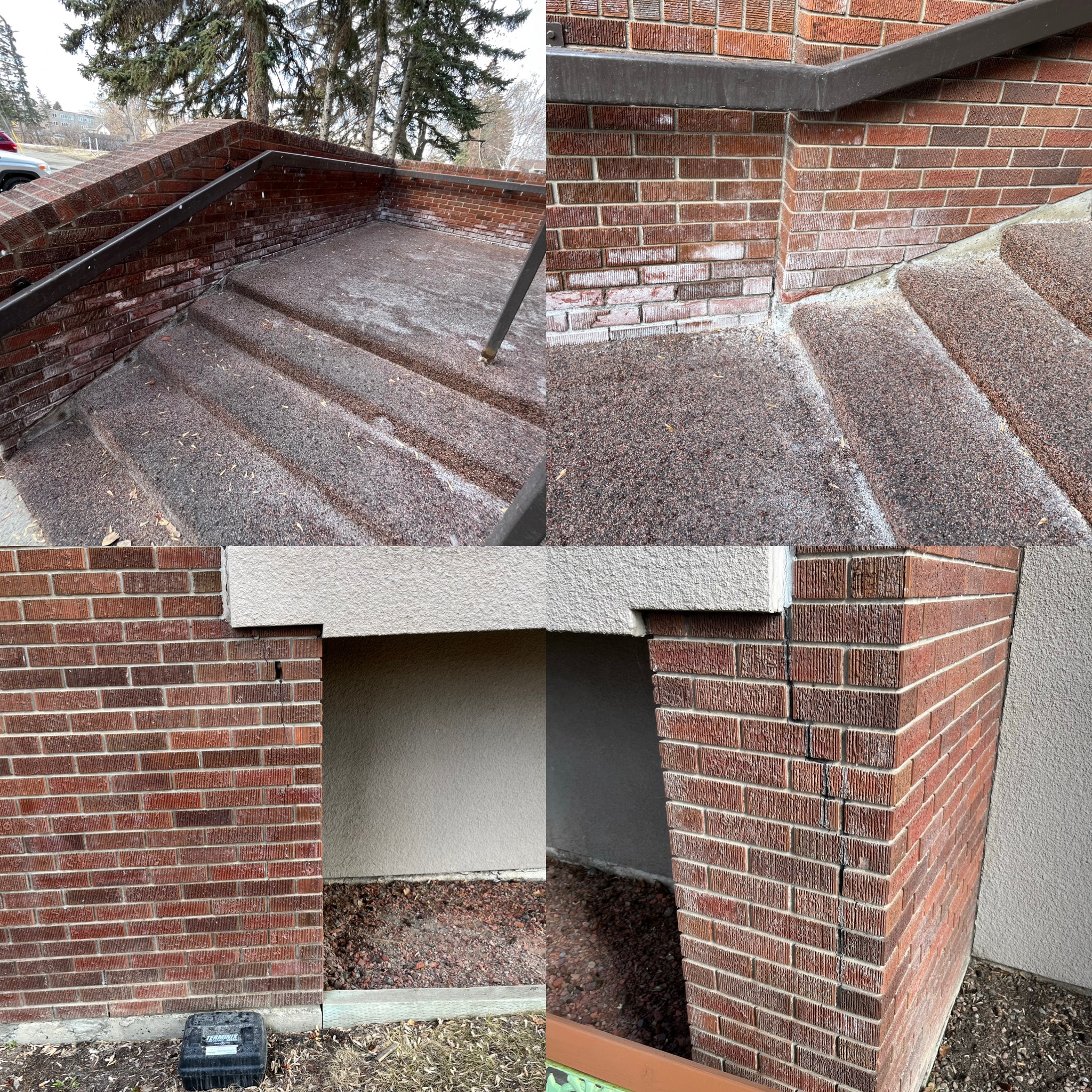 Red brick steps, walls, and stucco work collage