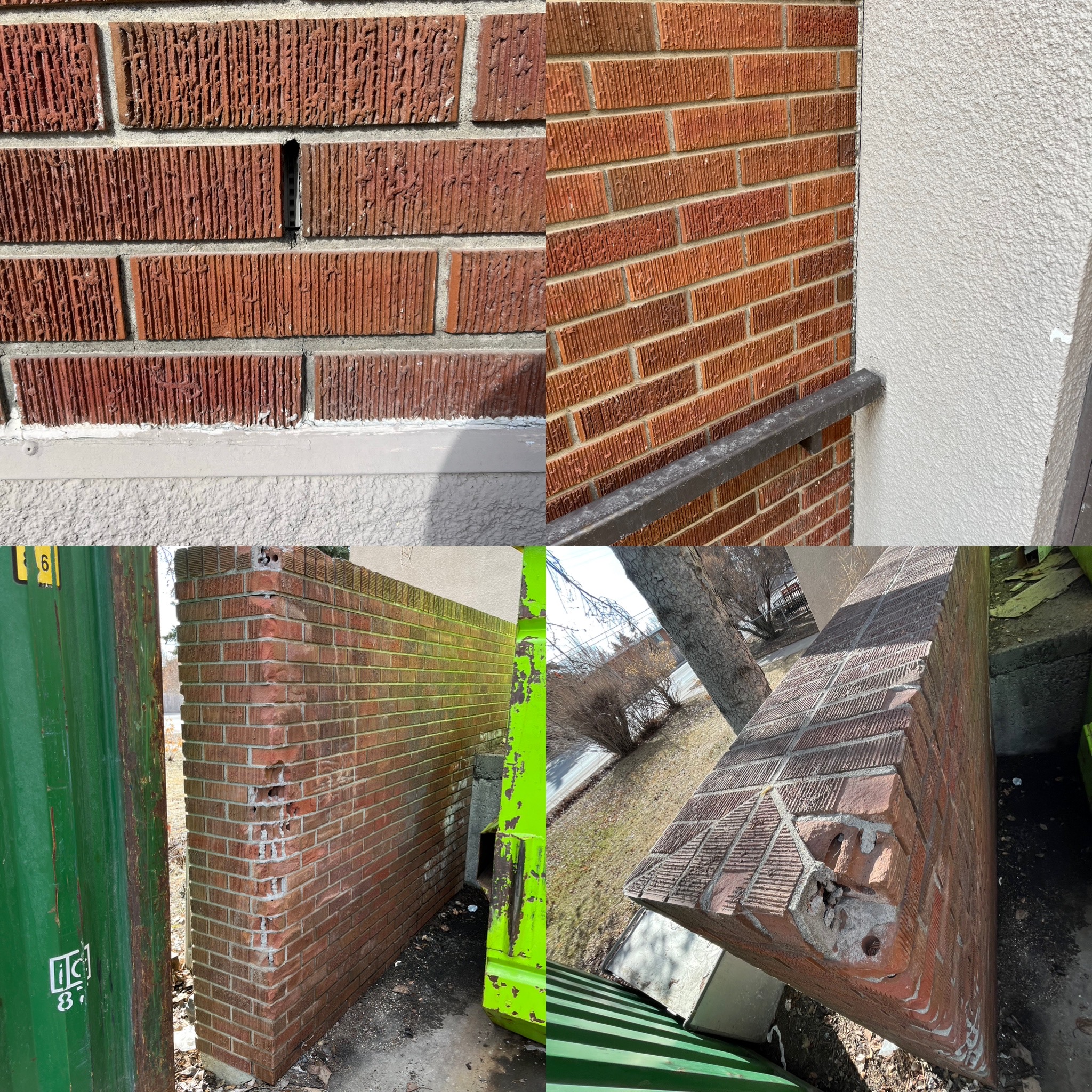 Close-up details of red brick wall repairs