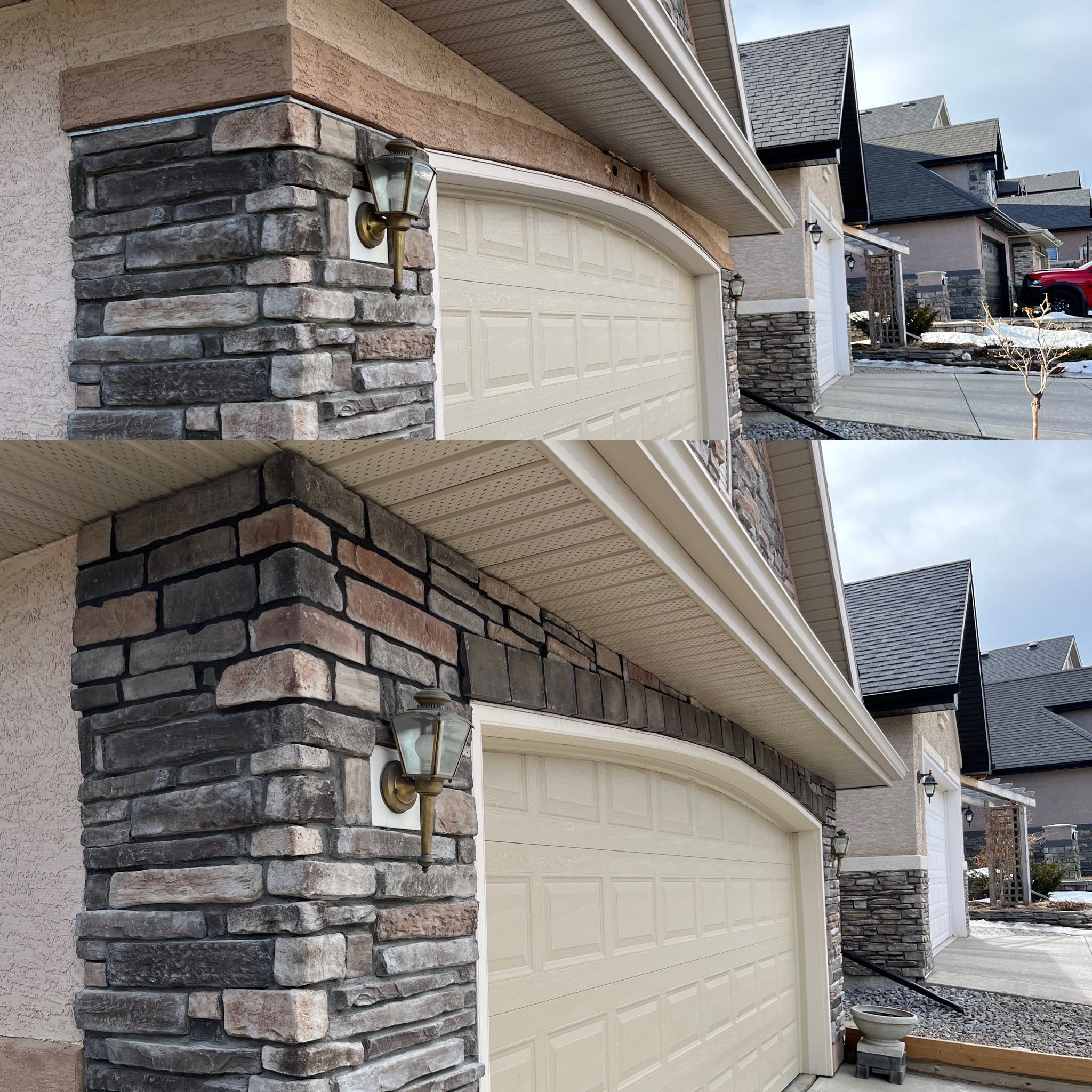 Before and after photos of a stacked stone garage column transformation